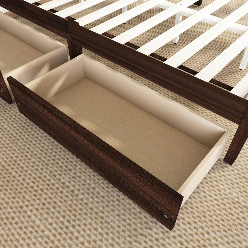 Lit plateforme en bois d'hévéa avec deux tiroirs, tête de lit en rotin, Lit double, Espresso