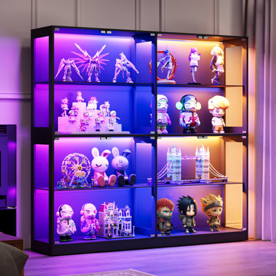 RGB Display Cabinet with Adjustable Tempered Glass Shelves, 4-Tier Storage Case with LED Lights & Press-to-Open Doors, Modern Display Shelf for Collectibles, Black 74.8×15.7×70in