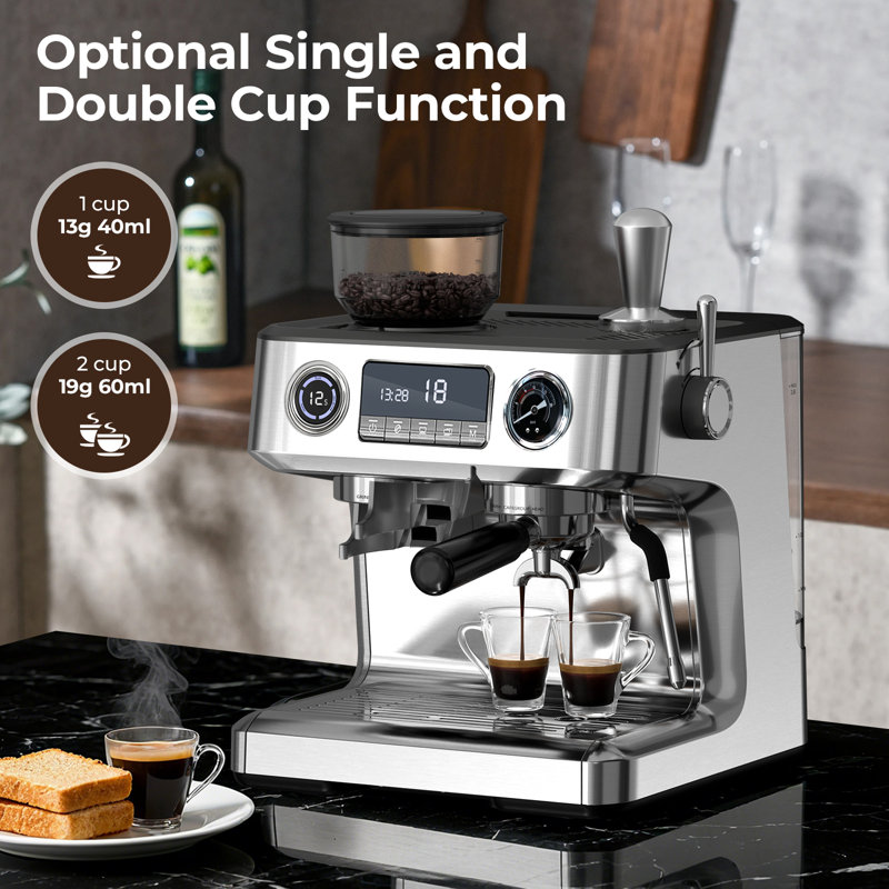 Electactic 20-Bar Programmable Espresso Maker - 30 Grinder, Milk Frother, Silver