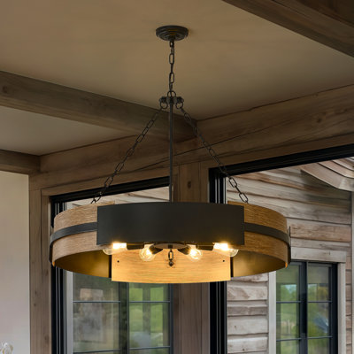 Lustre tambour 8 lumières de style campagnard pour salle à manger, luminaire suspendu tambour industriel en métal noir à grain de bois rustique 35,43 po pour vestibule de salon de cuisine
