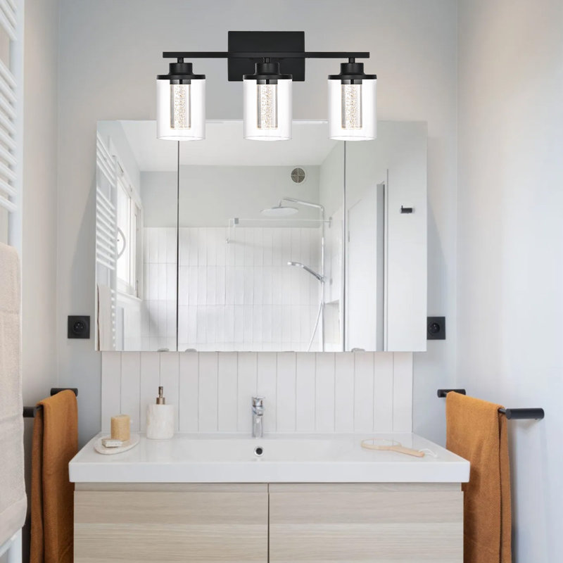 Luminaire de salle de bain noir à 3 lumières pour salle de bain, abat-jour en verre transparent, bulle de cristal, lumière de meuble-lavabo à DEL à intensité variable