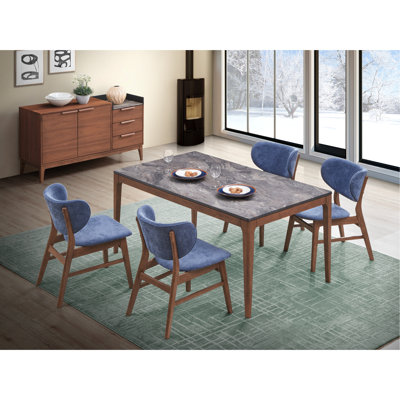 Ensemble de salle à manger 5 pièces avec chaises rembourrées bleues et plateau de table gris, fini noyer, table résistante à l'eau, aux rayures et à l'huile, capacité de poids par chaise : 100 kg (220 lb) avec chaises, 1 côté : 89 cm (35 po) de profondeur x 160 cm (63 po) de largeur x 76 cm (30 po) de profondeur.