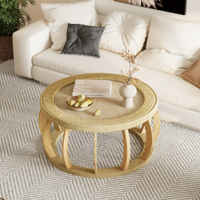 Table basse ronde en bois massif de 35,43 po avec pieds courbés et table d'appoint Boho pour la salle à manger, la cuisine et le salon