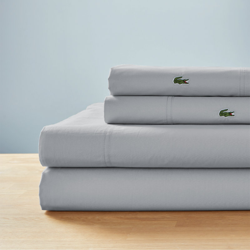 Lacoste Center Line Cotton Percale Sheet Set, Lightweight and Breathable Crisp Feel with Embroidered Crocodile, Light Grey, Full