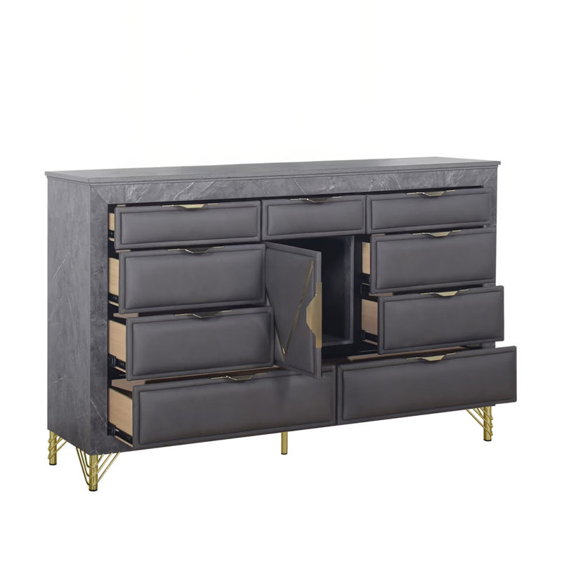 Commode large Semy, 10 tiroirs, 1 armoire, bois gris anthracite, or