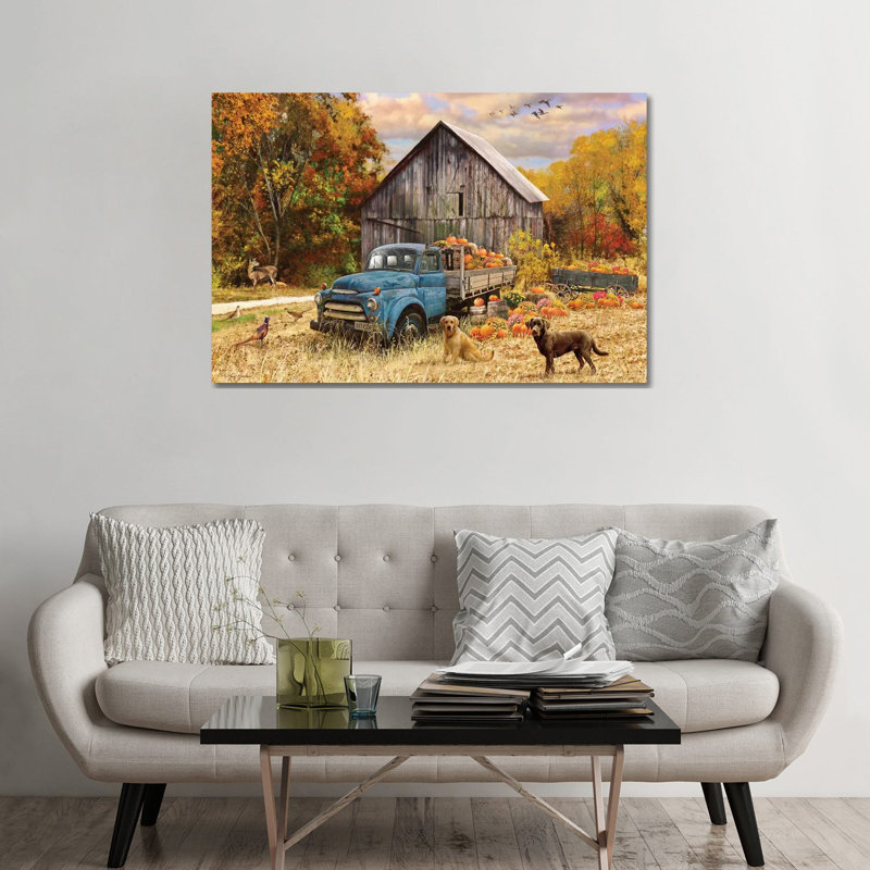 Automne camion et grange - Estampe numérique sur toile tendue avec châssis, H 32 po x l 48 po