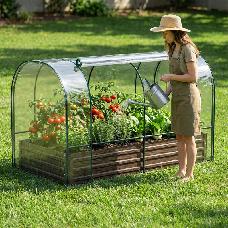 Galvanized Raised Garden Bed With PVC Mini Greenhouse Cover, 72.8"X37.4"X47.2" Bottomless Metal Planter With Roll-Up Window