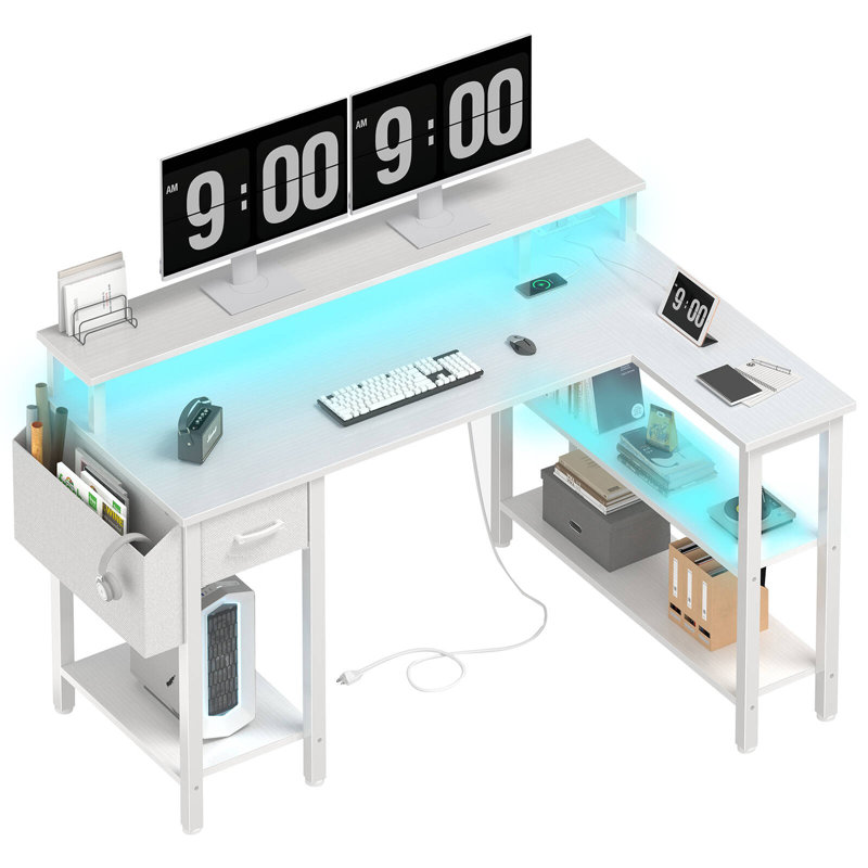 Bureau d'ordinateur avec support pour Ã©cran, bureau de jeu avec Ã©clairage DEL et prises Ã©lectriques, Blanc