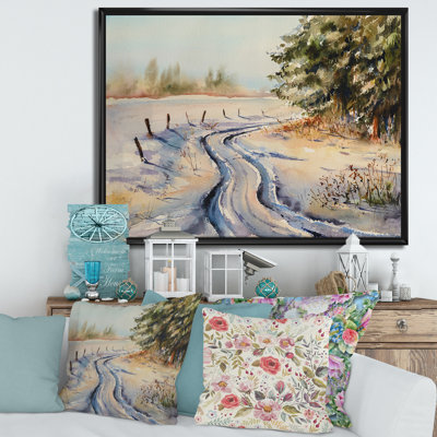 «Snowy Winter Forest Landscape Country Road in Snow», peinture sur toile