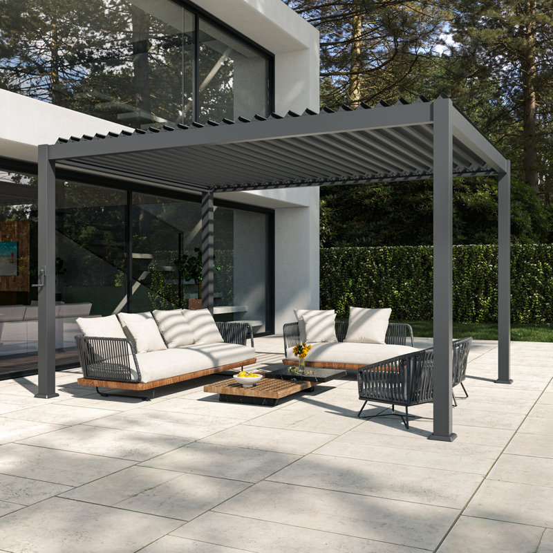 Outdoor Aluminum Frame Pergola, Modern Style with Adjustable Louvers and Concealed Water Drainage System for Backyard, Garden and Lawn