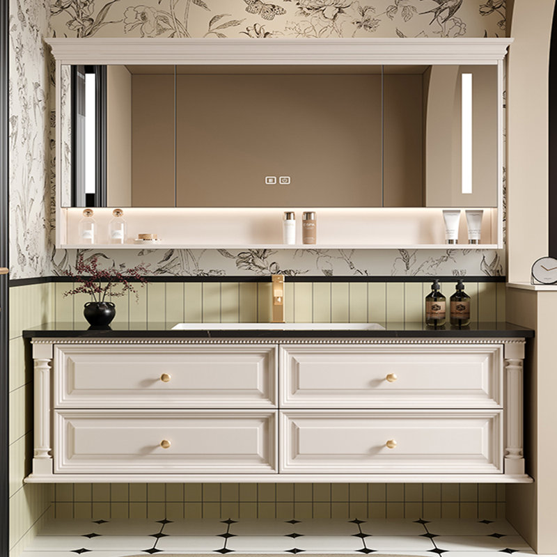 Retro simple American-style bathroom cabinet, 67", Off-White