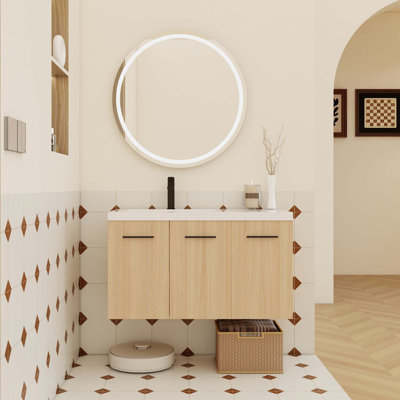 Meuble-lavabo mural flottant de 36 pouces avec lavabo en gel intégré et armoire de rangement modulaire à 3 portes pour les salles de bain modernes Space-Smart.