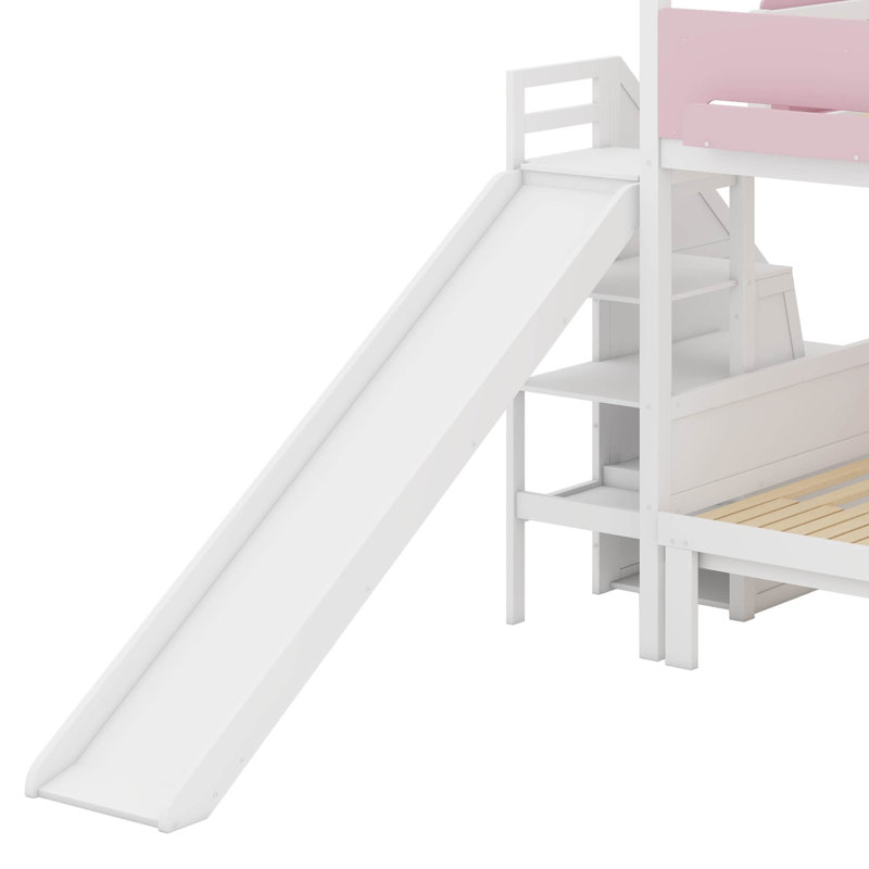 Lit superposé avec glissière et escalier de rangement, lit superposé en bois, cadre en forme de maison avec garde-corps et tablettes