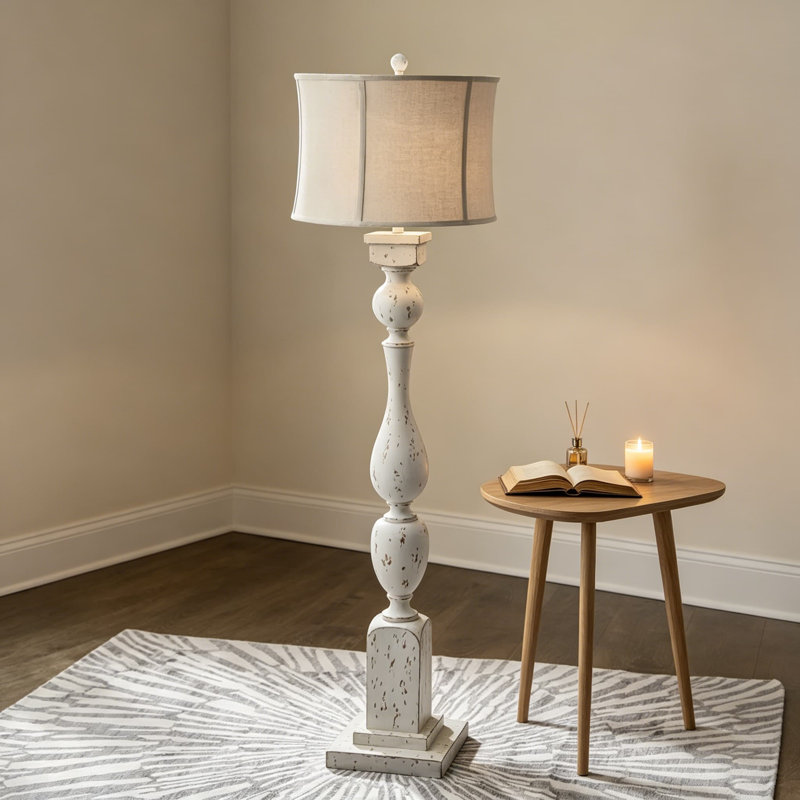 Lampe sur pied traditionnelle avec interrupteur à 3 voies, base en polyrésine blanc antique et abat-jour tambour en cloche pour le salon ou la chambre à coucher
