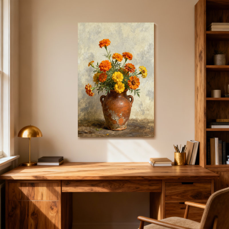 Arrangement floral de plantes et de fleurs dans un vase rustique avec des soucis, H 20 po x l 30 po