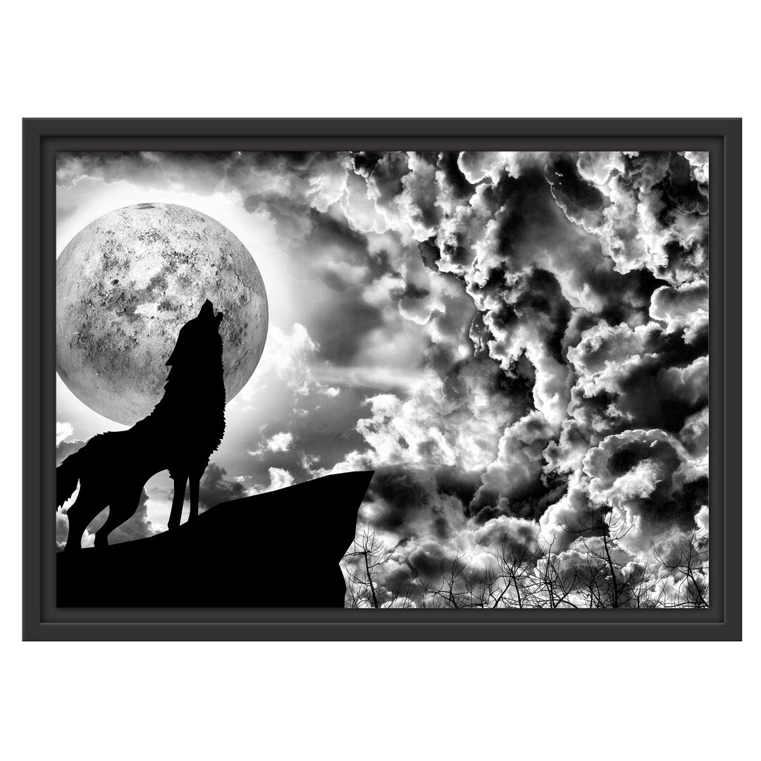 Gerahmtes Wandbild Wolf heult den Mond an