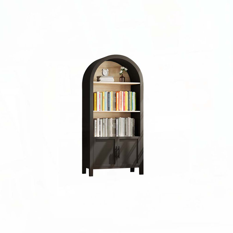 66.7" Tall Arched Bookshelf With Storage Cabinet, Mid-Century Modern 3-Tier Arched Cabinet With Open Display Shelf For Office, Dining Room, Living Room, Black