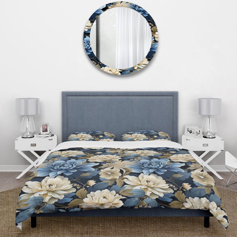 Ensemble de housse de couette à motif floral bleu et blanc, Housse de couette pour très grand lit et 2 très
