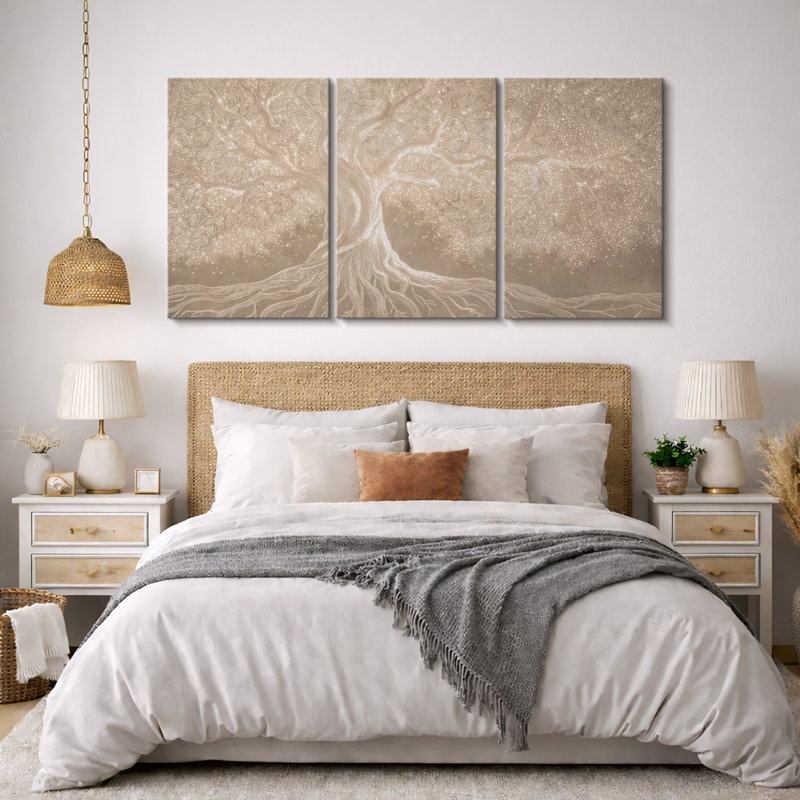 Neutral Beige Tree with Flowing Roots and Branches - Extra Large Pictures Framed Canvas Print 3 Pieces Wall Art