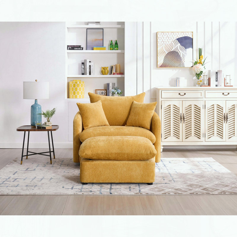 Fauteuil d'appoint pivotant surdimensionné avec repose-pieds - 3 coussins - chenille, Jaune