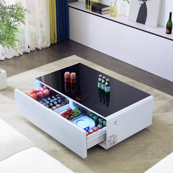 Comaneci Smart Coffee Table with 135L Fridge, Bluetooth Speakers and Wireless Charging Hokku Designs Top Color/Base Color: Black/White