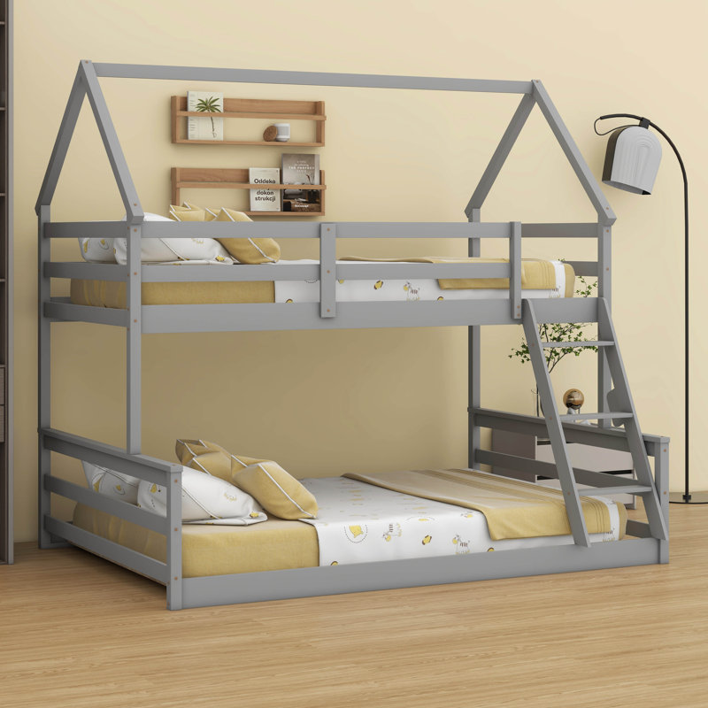 Lit simple superposé simple en bois de pin avec échelle intégrée et garde-corps double, Gris