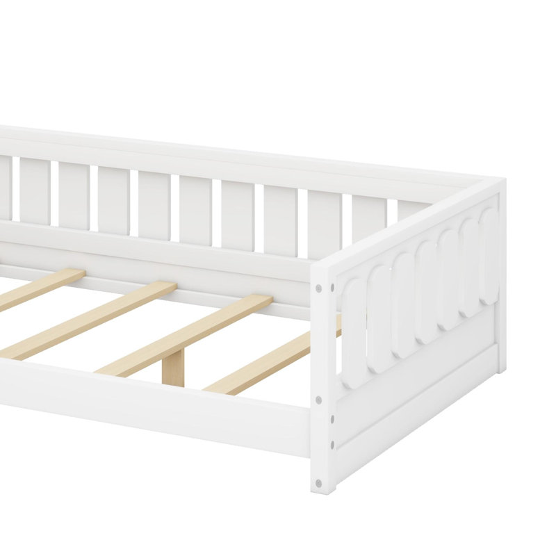 Lit plateforme simple avec garde-corps et tablettes pour le rangement, cadre de lit au sol pour les petits espaces, Blanc