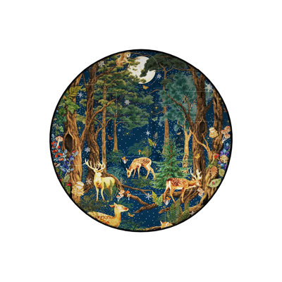 Forest Themed Deer and Tree Pattern Round Woven Base Vintage Decorative Machine Washable Rug