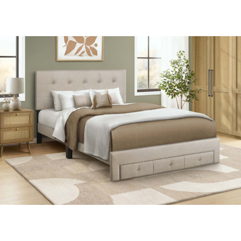 Lit, lit plateforme, tiroirs de rangement, rembourré, structure seule, chambre, aspect lin, style transitionnel, Beige