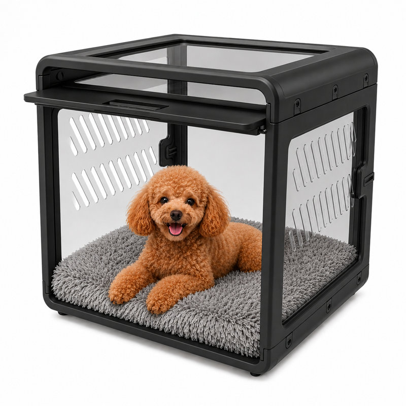 Front Row Modern Dog Crate with Flip-Up Hidden Pet Door, Lock, Built-In Storage & Ventilated Design, Black