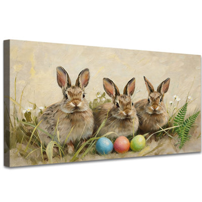 Lapin de Pâques, reproduction d'art sur toile, trois lapins et œufs colorés, peinture animalière de printemps pastorale, affiche de lapin pour salon, décoration de chambre à coucher prête à être suspendue, 20 po x 40 po
