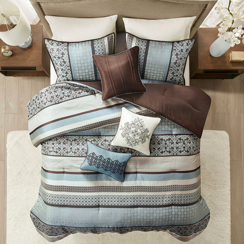 Édredon 7 pièces bleu grand - motif géométrique complexe, revers doux, comprend des taies décoratives pour le lit et la jupe