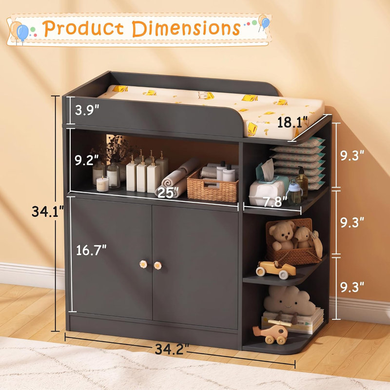 Commode à langer pour bébé, avec grande armoire et 4 tablettes ouvertes, poste à langer multifonctionnel