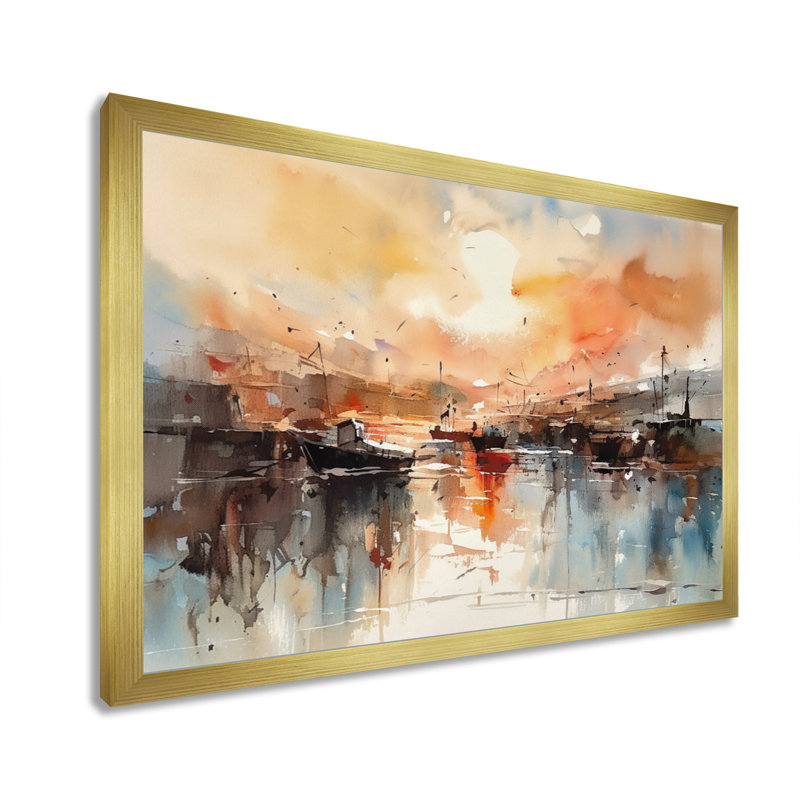 «Orange and Brown Harbor Reflections», reproduction sur toile encadrée, H 16 po x l 32 po x P 1 po, Or