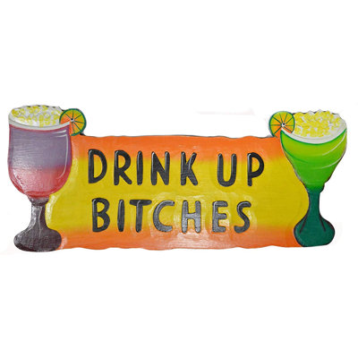 Hand Carved Wooden Drink UP Bitches Cocktails Parrot Drinking Beach Happy Hour Sign