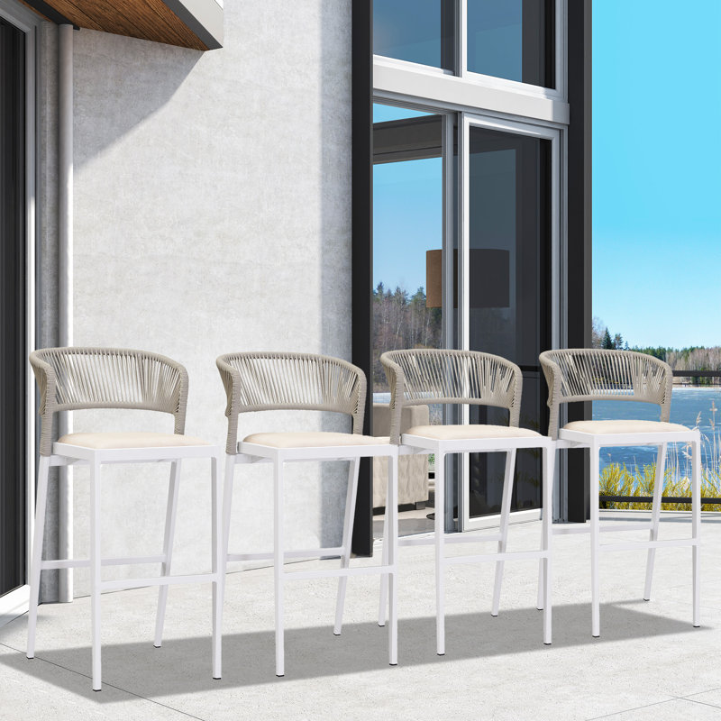 Brasia Polyethylene (PE) Wicker Outdoor Stool with Cushion, White/Beige, 29.72"