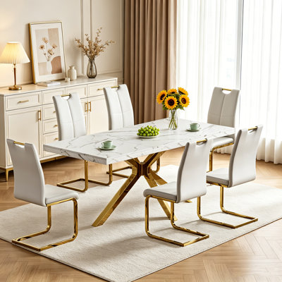 Modern Dining Table Set, Rectangular 70" White Kitchen Table with Faux Leather Upholstered Chairs for Kitchen & Dining Room