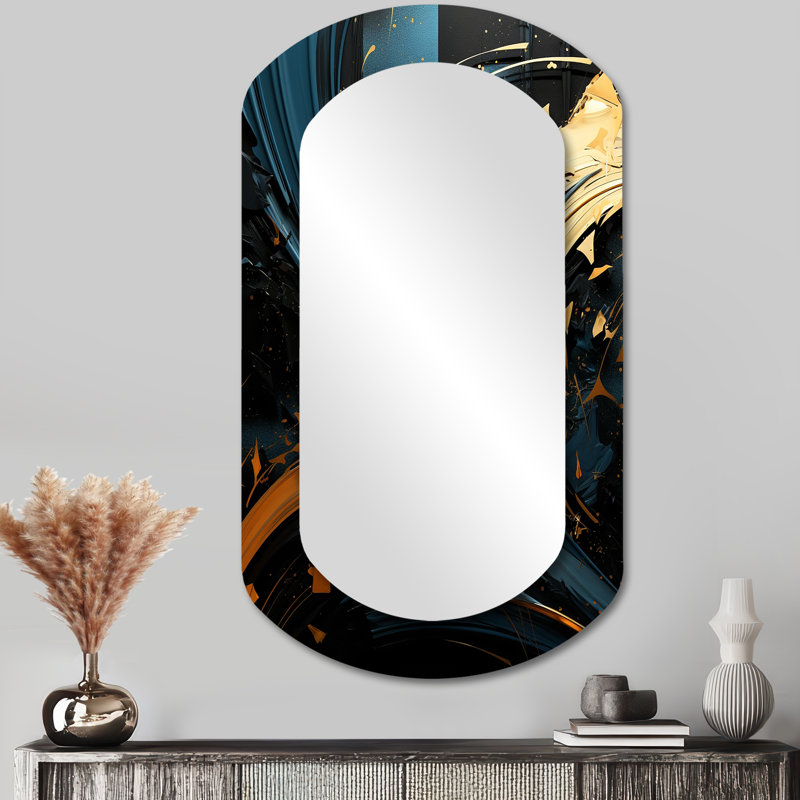 Golden Sunlight liquide sur bleu Nuevo II - Art abstrait en métal - Miroir mural moderne asymétrique, 43 po x 23 po