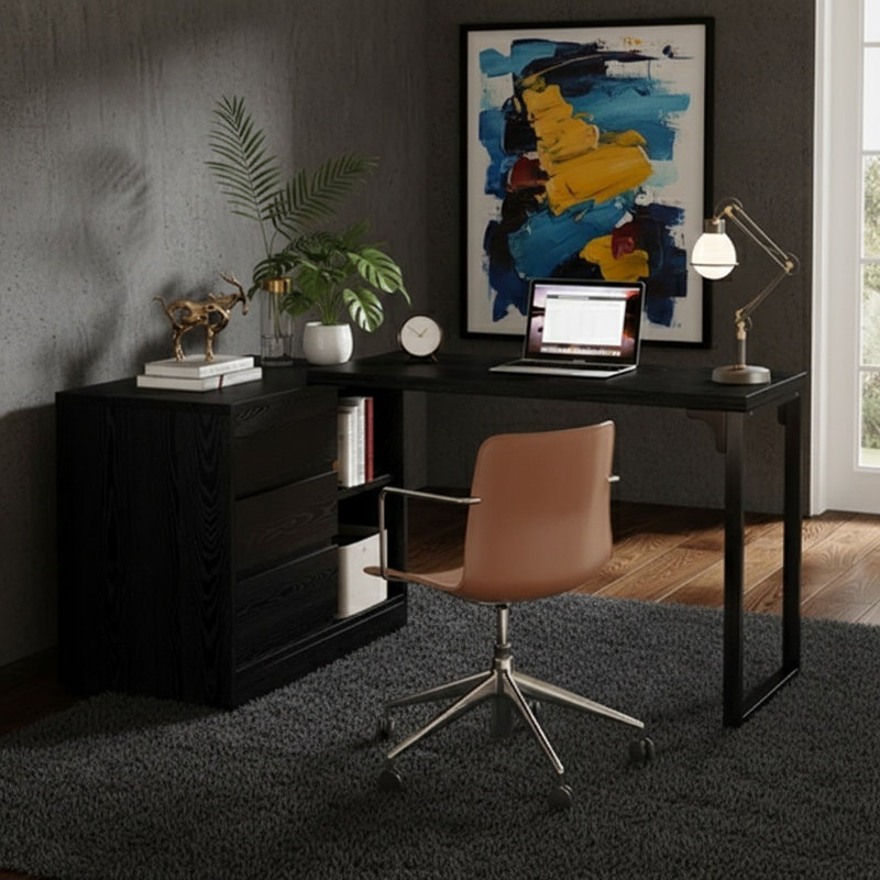 L-Shaped Reversible Corner Computer Desk with Drawer Cabinet, Black