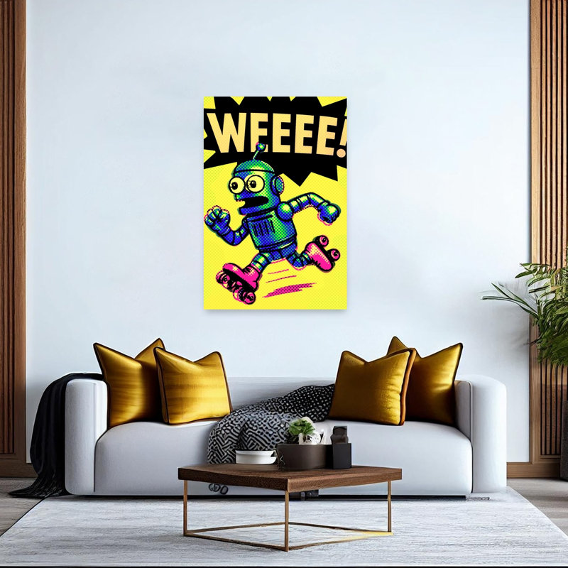 Joyful Robot Skates Colorful Retro Vibrant Wall Art Print 1 Piece Wrapped Canvas Wall Art, 152.4cm H x 101.6cm W