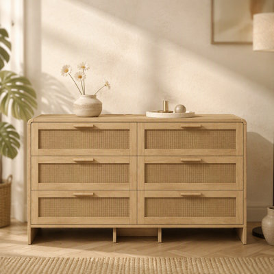 Armoire de coin en rotin 51,18 po à 6 tiroirs, armoire de rangement en rotin à 6 tiroirs, pour salon, chambre à coucher et cuisine, naturel