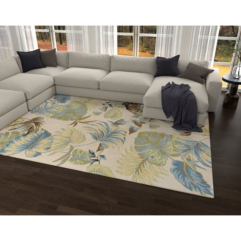 Vredenburgh 2' X 4' Ivory and Blue Wool Tropical Botanical Hand Tufted Area Rugg, Rectangle 2'6" x 4'2"