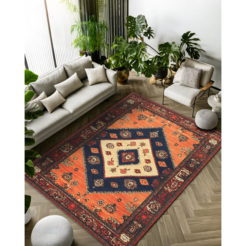 Jateen Collection Digital Print Cotton-Polyester Blend Orange Brown Rug, Runner 4' x 13'2"