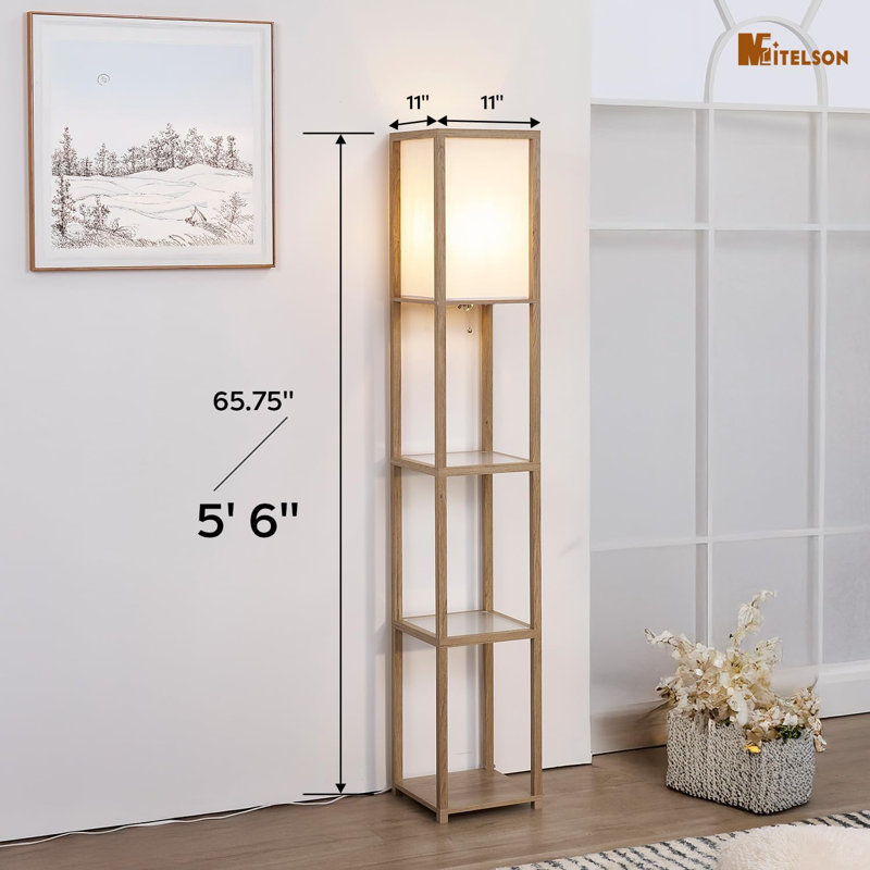 Modern Floor Lamp With Shelves, LED Light Included, Rustic Wood Stand, Glass Shelves For Display, Versatile Standing Lamp For Living Room, Bedroom, Office