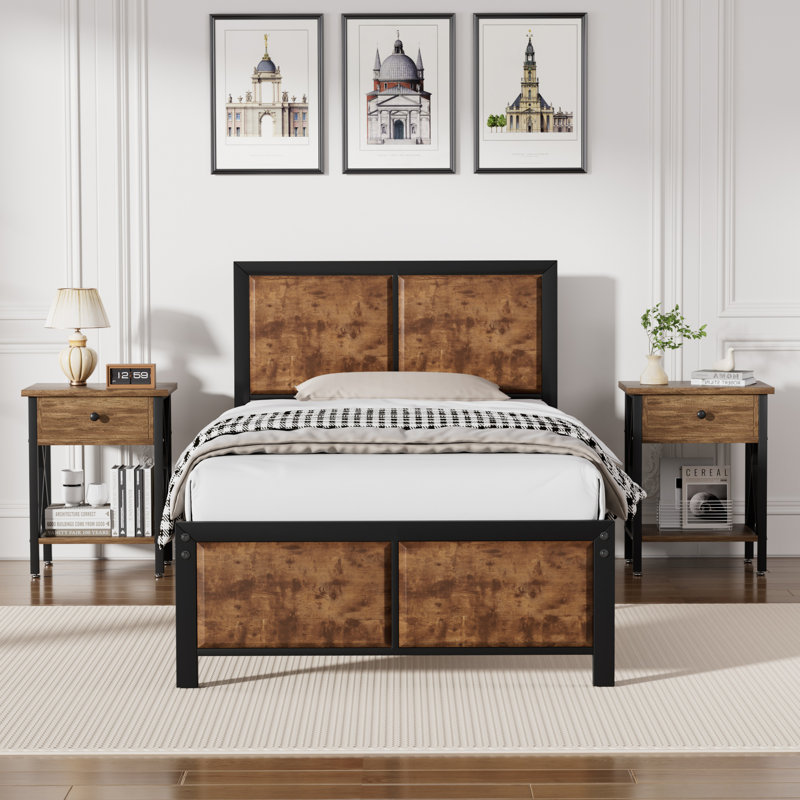 Ensemble de chambre à coucher pour lit simple 3 pièces Kempst, ensemble de lit plateforme et table de chevet en bois moderne, ensemble de mobilier de chambre à coucher industriel de style campagnard en brun, aucun sommier nécessaire