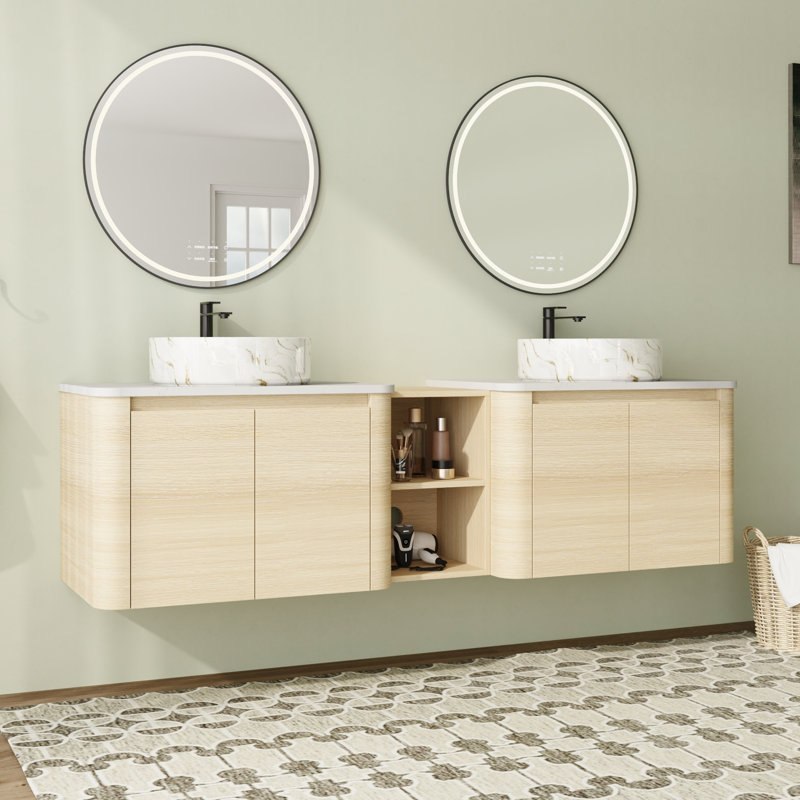 Meuble-lavabo double 72 po avec dessus en pierre reconstituée et portes à fermeture en douceur 72 po