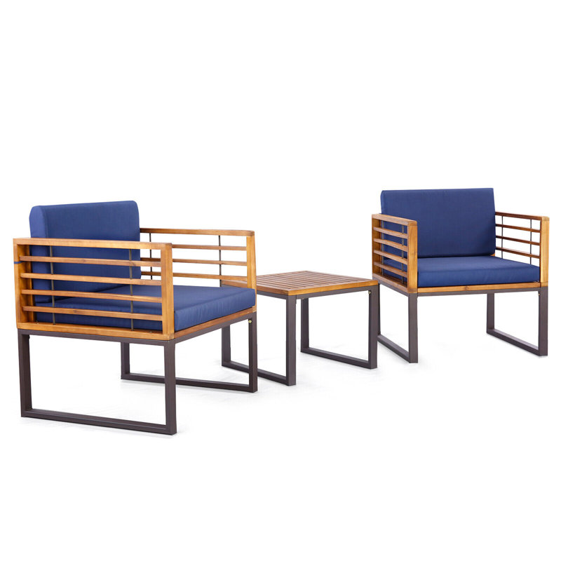 Brennox Acacia Wood 2 - Person Patio Conversation Set with Cushions