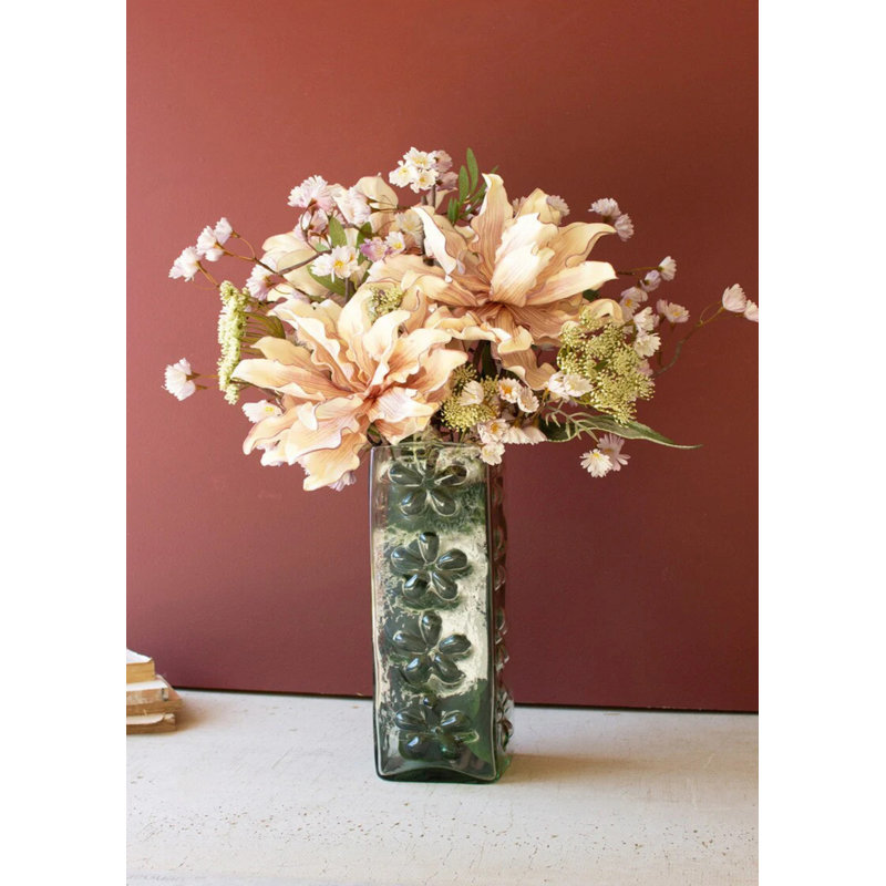  Ensemble de 2 vases carrés en verre avec fleurs en relief H 16 "