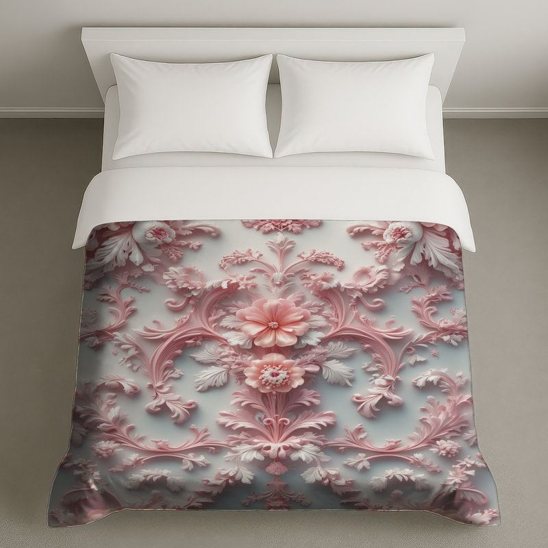 Housses de couette rose à motif floral baroque, Lit simple