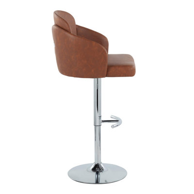 Adjustable Barstool in Chrome Metal and Camel Faux Leather with Chrome Metal Accent and Round Metal Footrest - Set of 2